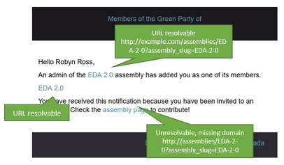 Assembly &quot;Admin has added you&quot; notification includes unresolvable URL